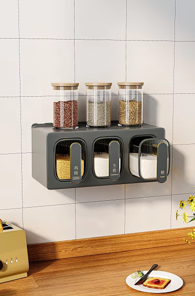 Wall Mounted Kitchen Spice Jars Storage Rack With Transparent Bottles And Wooden Lids 3d model