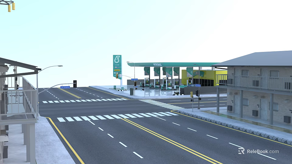 Industrial Factory Building With Gas Station Road Street Lamps And Adjacent Buildings 3d model 