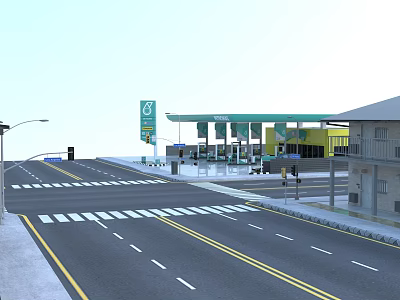Industrial Factory Building With Gas Station Road Street Lamps And Adjacent Buildings 3d model