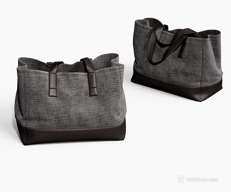 Gray Fabric Tote Bags With Black Leather Bottom And Durable Handles 3d model 