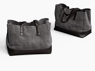 Gray Fabric Tote Bags With Black Leather Bottom And Durable Handles 3d model