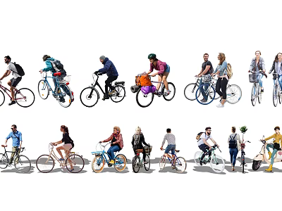 People Riding Bicycles Outdoor in Different Styles with Casual Wear and Various Bikes 3d model