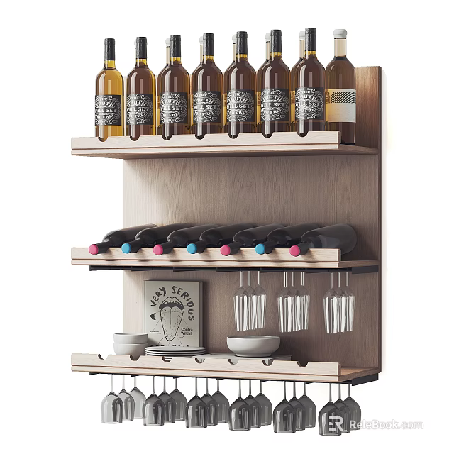 Wooden Wine Rack With Multiple Shelves For Wine Bottles And Glasses 3d model 