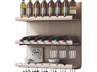Wooden Wine Rack With Multiple Shelves For Wine Bottles And Glasses 3d model