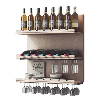 Wooden Wine Rack With Multiple Shelves For Wine Bottles And Glasses 3d model