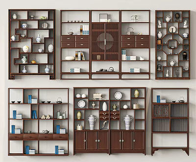 Chinese Style Wooden Shelving Units With Multiple Compartments For Vases Teacups And Books 3d model