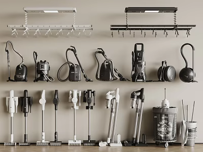 Various Daily Electrical Appliances Including Vacuum Cleaners And Cleaning Tools With Hanging Racks 3d model