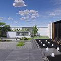 Modern Water Feature Wall in Garden with Green Plants and Stone Pavement