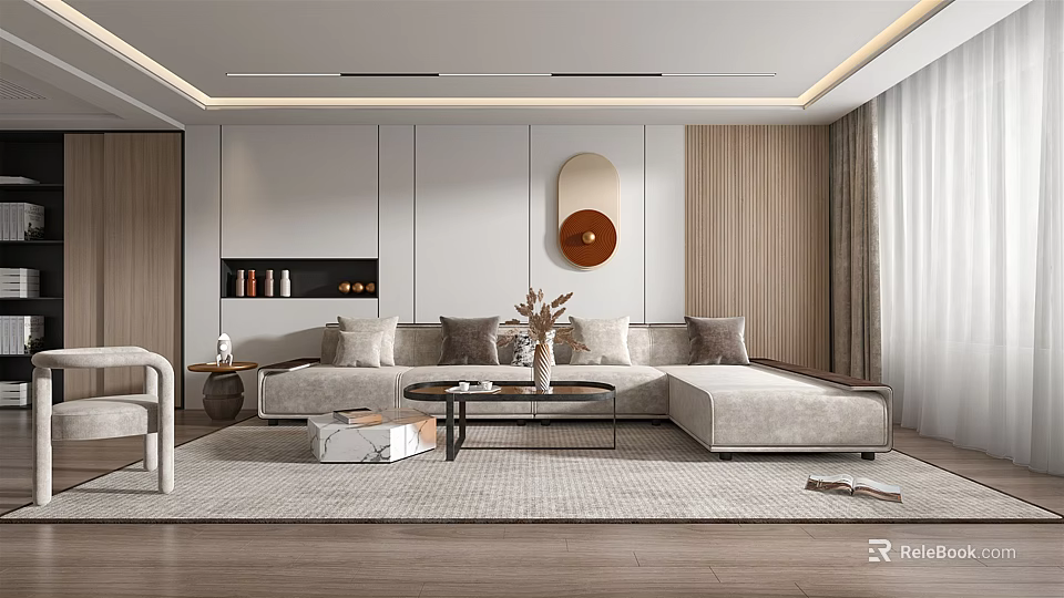 Modern Living Room Interior With Light Gray Sofa Coffee Table And Round Wall Art 3d model 