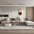 Modern Living Room Interior With Light Gray Sofa Coffee Table And Round Wall Art
