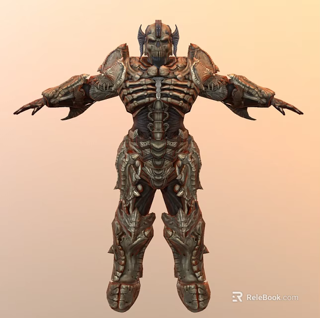 Game Movie Character with Intricate Metallic Armor Skeletal Design Elements 3D Rendered Warrior Pose 3d model 