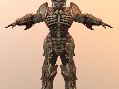 Game Movie Character with Intricate Metallic Armor Skeletal Design Elements 3D Rendered Warrior Pose 3d model
