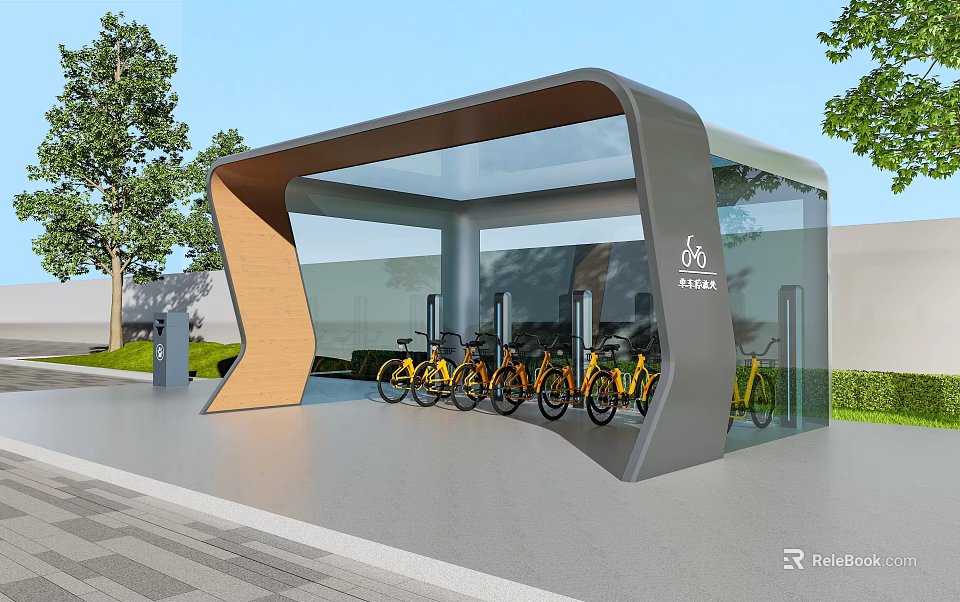 Modern Public Bicycle Shelter with Yellow Bicycles Trees and Greenery 3d model 