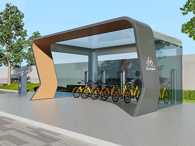 Modern Public Bicycle Shelter with Yellow Bicycles Trees and Greenery 3d model