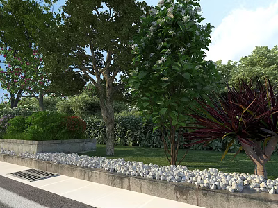 Commercial Landscape Design Featuring Lush Trees Shrubs Stone Edging Green Turf And Pathway 3d model