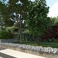 Commercial Landscape Design Featuring Lush Trees Shrubs Stone Edging Green Turf And Pathway