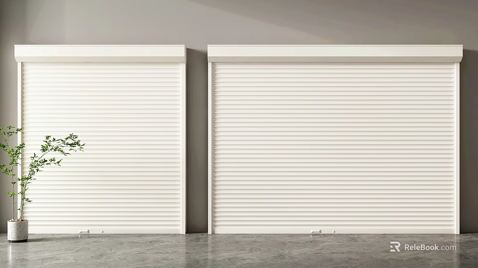 Two White Roller Doors Beside Green Plant On Gray Floor Surface 3d model 