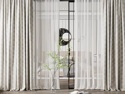 Elegant Modern Curtains With Fabric And Sheer Layers Enhancing Room Entrance With Green Plant Vase 3d model