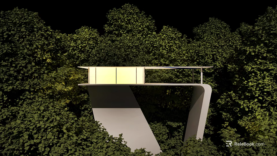 Modern Detached Villa Surrounded by Lush Green Trees with Unique Overhanging Terrace and Warm Lighting 3d model 