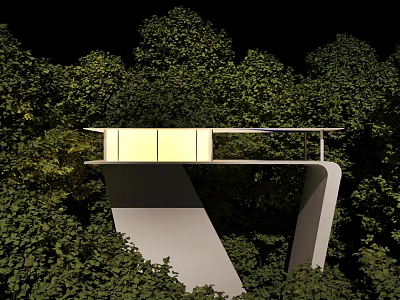 Modern Detached Villa Surrounded by Lush Green Trees with Unique Overhanging Terrace and Warm Lighting 3d model