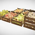 Assorted Fresh Fruits Vegetables and Fish in Wooden Crates for Daily Living Supplies