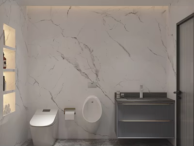 Modern Luxury Marble Bathroom With Smart Toilet Wall Mounted Urinal And Sleek Dark Vanity Cabinet 3d model