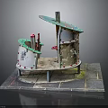 Architectural Model Featuring Green Curved Roof Red Pillars Wheels At Base And Stone Slab
