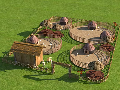Scenic Rural Landscape With Green Grassland Circular Enclosures Thatched Roof Huts And Chickens 3d model