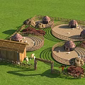 Scenic Rural Landscape With Green Grassland Circular Enclosures Thatched Roof Huts And Chickens