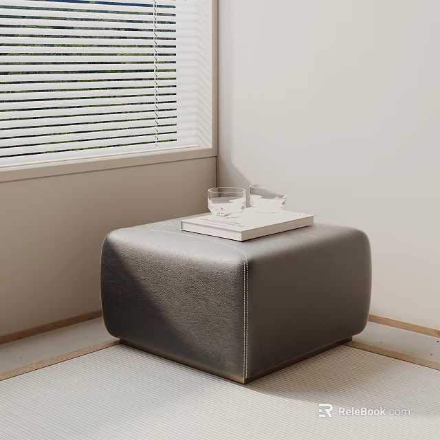 Gray Leather Bedside Table by Window with Book and Glasses in Minimalist Room 3d model 