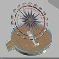 Colorful Ferris Wheel Amusement Park Ride Featuring Wooden Platform And Cabin Seats