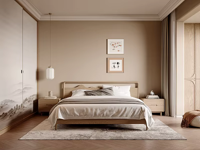 Elegant Modern Bedroom Interior With Wooden Bed Pendant Light And Artwork On Walls 3d model