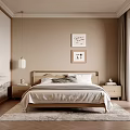 Elegant Modern Bedroom Interior With Wooden Bed Pendant Light And Artwork On Walls