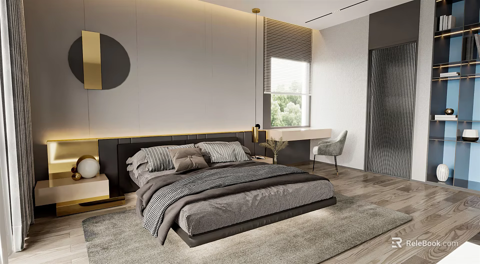 Modern Bedroom Interior Design With Black Headboard Gray Bedding And Gold Circular Decor 3d model 