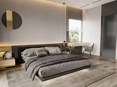 Modern Bedroom Interior Design With Black Headboard Gray Bedding And Gold Circular Decor 3d model