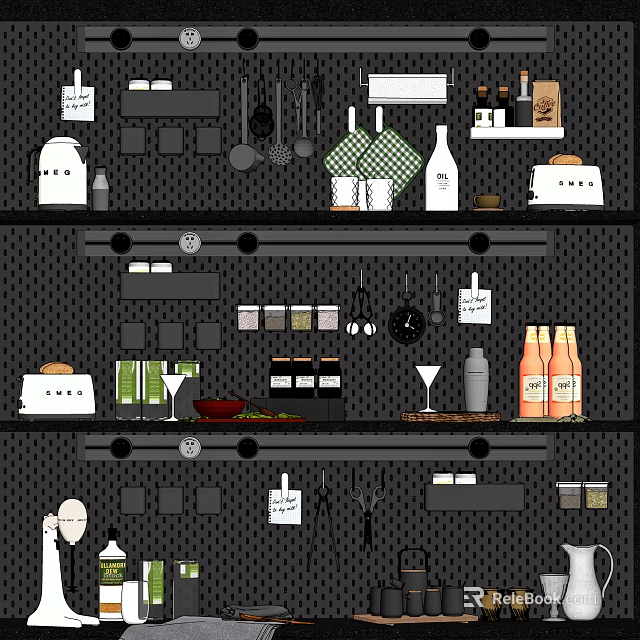 Organized Kitchen Utensils On Shelves With Containers Bottles And Tools 3d model