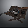 Vintage Wooden Table Display With Silver Revolver And Ammunition Cylinders