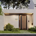 Modern House Entrance Design With White Walls Wooden Door Greenery Steps And Trees