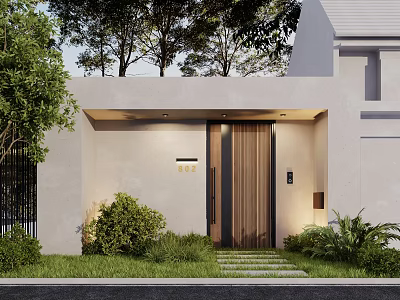 Modern House Entrance Design With White Walls Wooden Door Greenery Steps And Trees 3d model