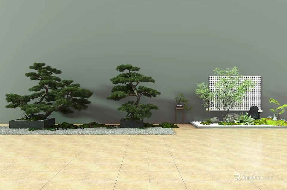 Garden Ornaments With Bonsai Trees Small Plants And Stone Decorations On Slate Floor 3d model 