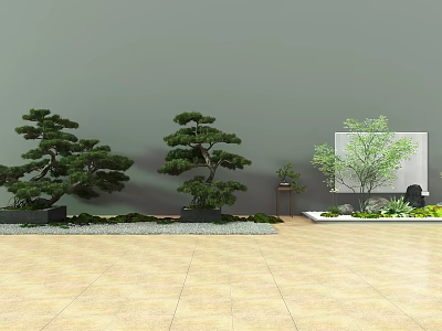 Garden Ornaments With Bonsai Trees Small Plants And Stone Decorations On Slate Floor 3d model