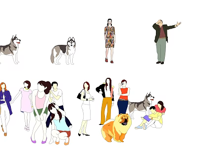 Group of People With Dogs in Various Casual Poses and Friendly Interaction 3d model