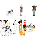 Group of People With Dogs in Various Casual Poses and Friendly Interaction