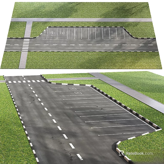 Asphalt Parking Lot Ground With Painted Spaces Driveway Grass Edges And Zebra Crossing 3d model 