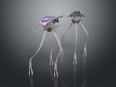Futuristic Mechanical Sculptures With Long Slender Legs And Purple Glowing Head Components 3d model