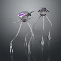 Futuristic Mechanical Sculptures With Long Slender Legs And Purple Glowing Head Components