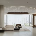 Modern Living Room Interior With Circular Starry Ceiling Wooden Walls And Light Beige Sofas
