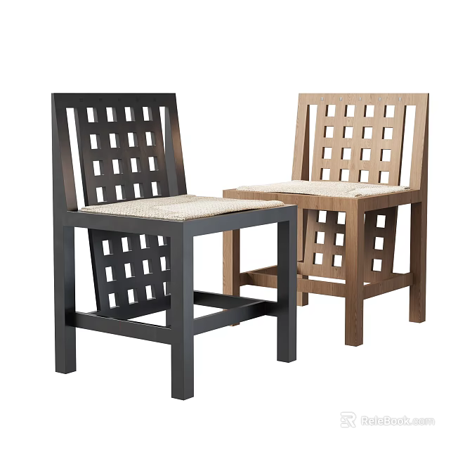 Two Stylish Dining Chairs With Lattice Backs And Woven Seats In Dark And Light Tones 3d model 