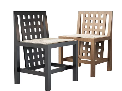 Two Stylish Dining Chairs With Lattice Backs And Woven Seats In Dark And Light Tones 3d model