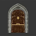 Ornate Gothic Arch Carved Wooden Door With Golden Knocker And Stone Frame